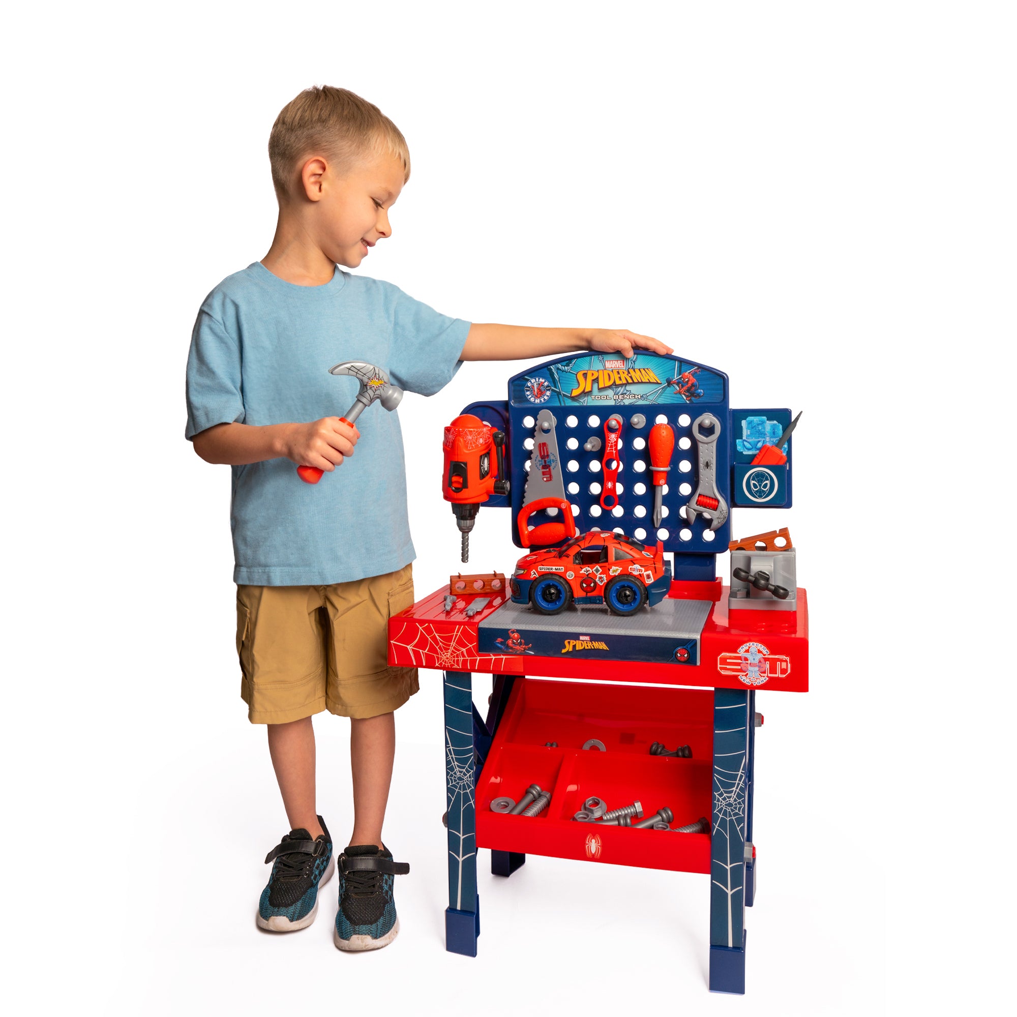 Banco de herramientas de Spider-Man con coche desmontable (84 piezas)
