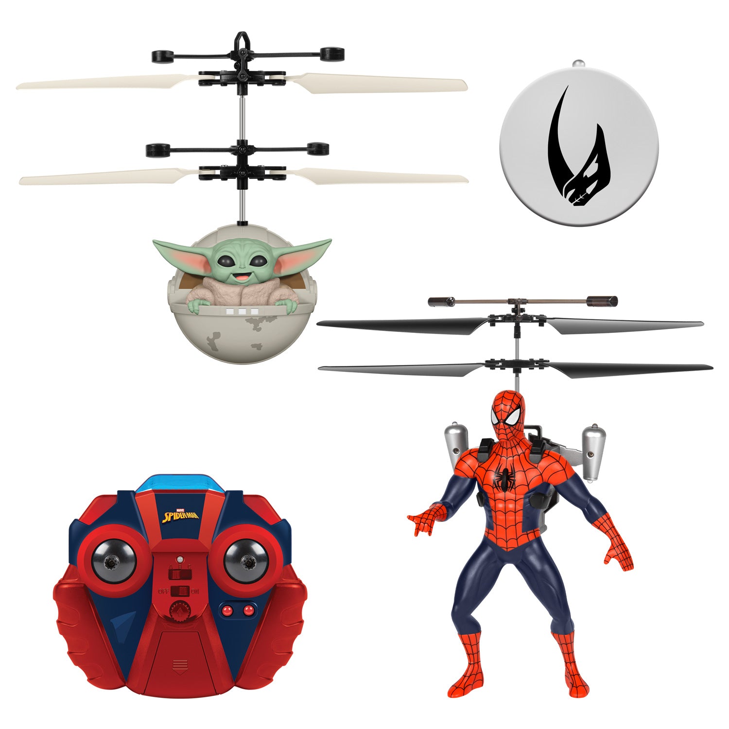 Figura voladora de Spider-Man y paquete de cabeza grande de Baby Yoda