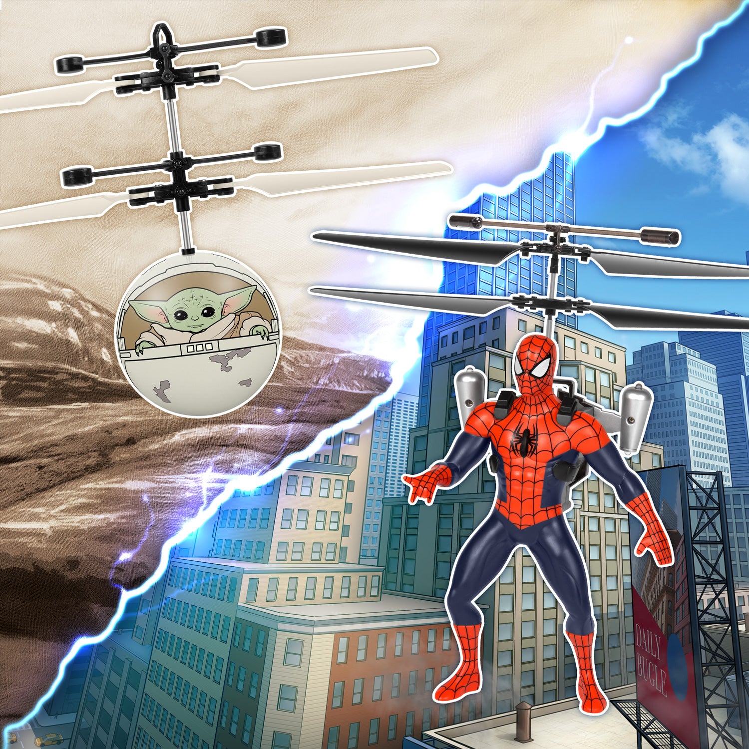 Paquete de figura voladora de Spider-Man y Baby Yoda Heli Ball