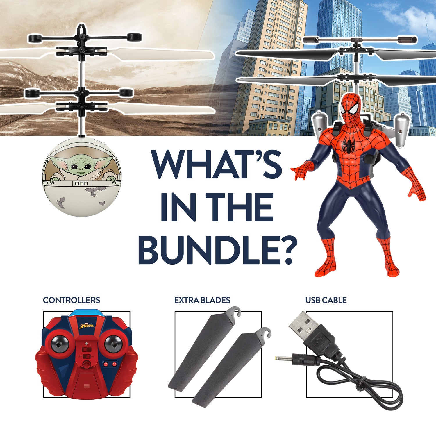 Paquete de figura voladora de Spider-Man y Baby Yoda Heli Ball