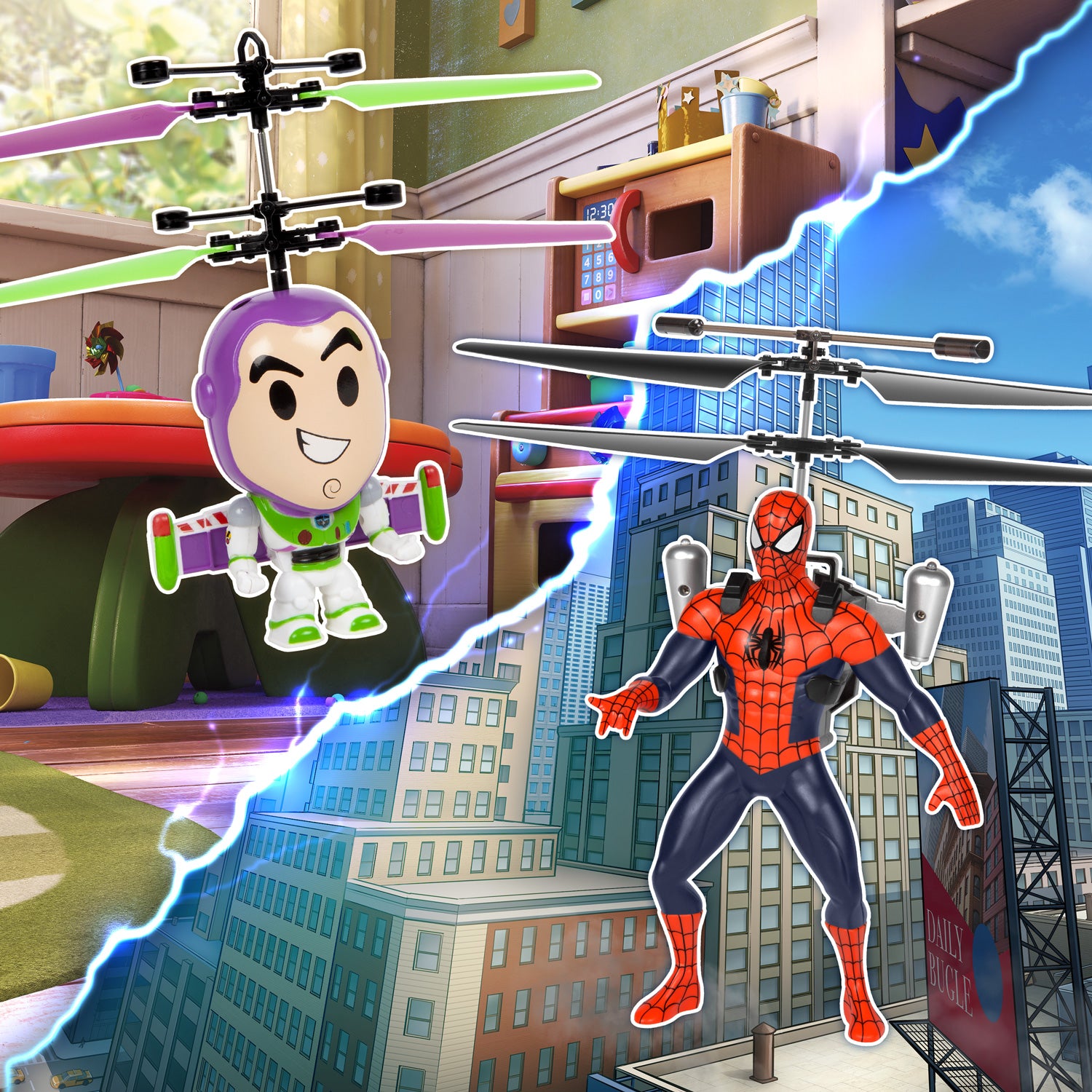 Paquete de figura voladora de Buzz Lightyear con cabeza grande y Spider-Man