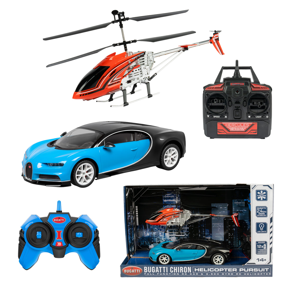 Bugatti Chiron RC Car & 3.5 Channel Gyro Helicopter Pursuit Set