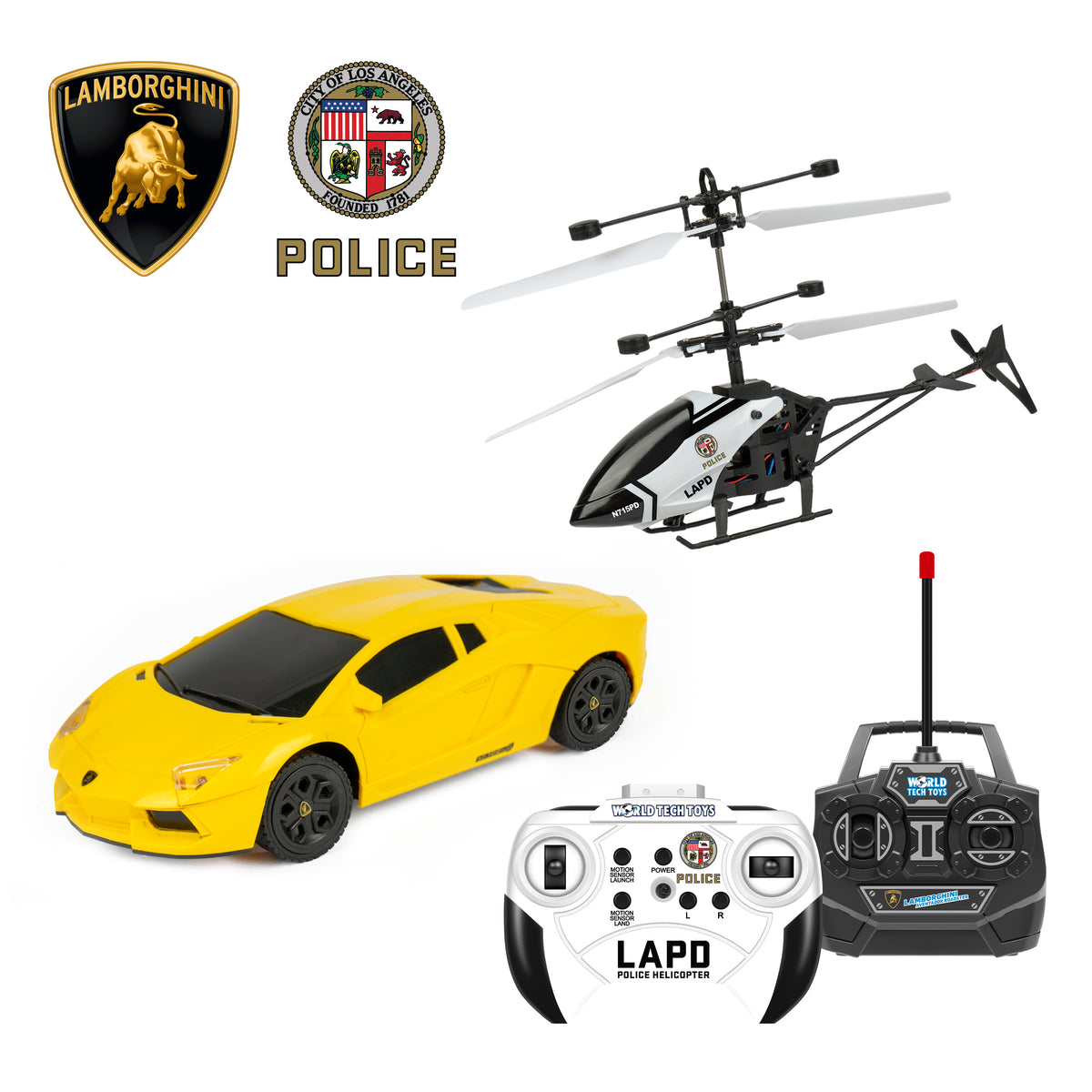 2 Pack - RC Lamborghini Aventador Police and LAPD RC Heli Pursuit RC Set
