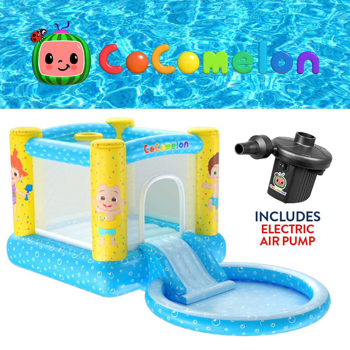 Castillo inflable CoComelon Jump N' Slide con piscina (incluye bomba de aire eléctrica)