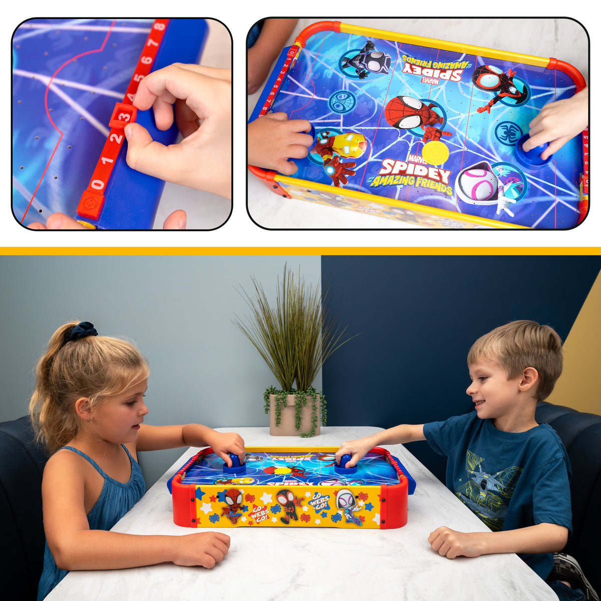 Mesa electrónica de hockey de aire de madera con Spidey y sus increíbles amigos