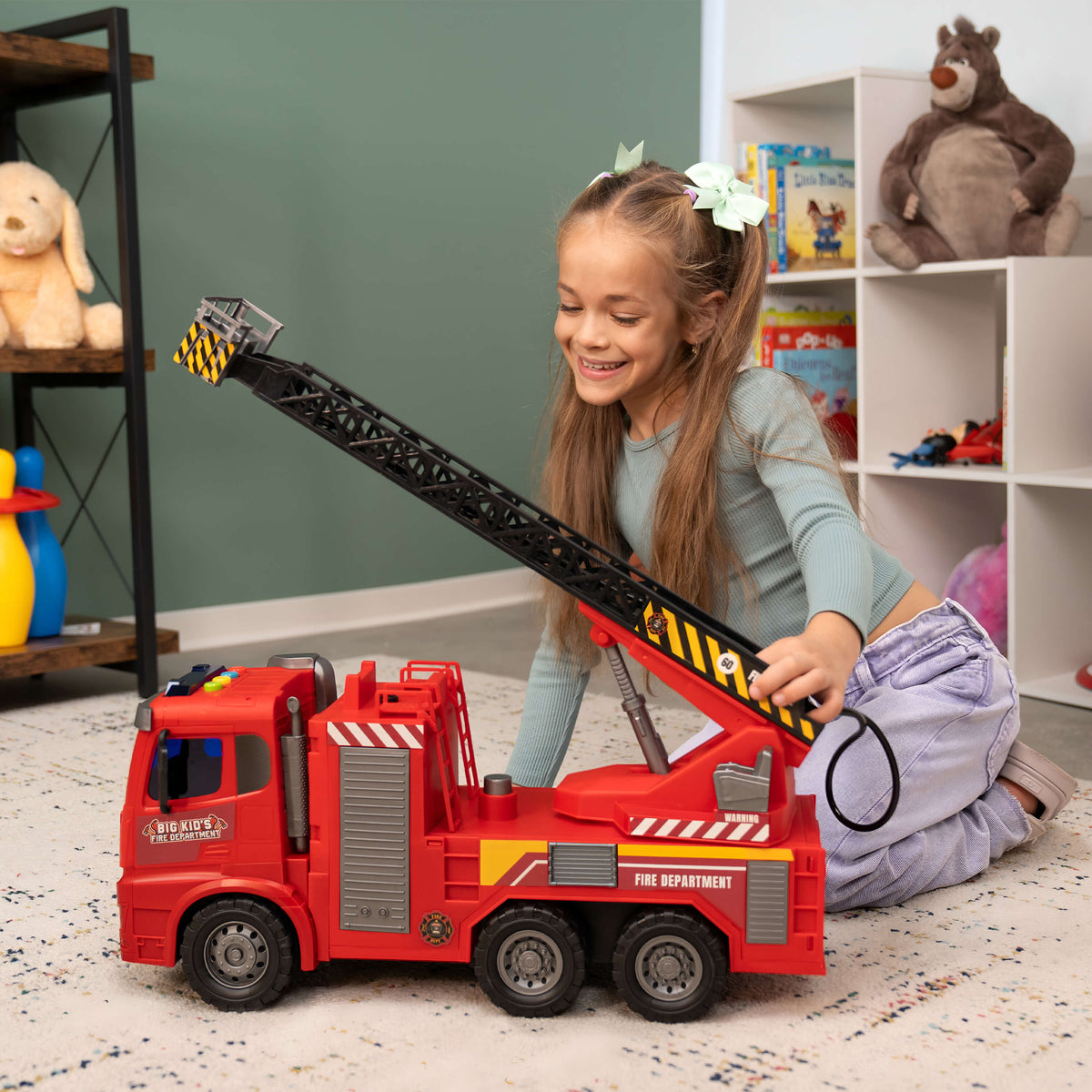 Camión de bomberos con escalera de fricción para niños mayores (escala 1:10) - Manguera de agua en funcionamiento