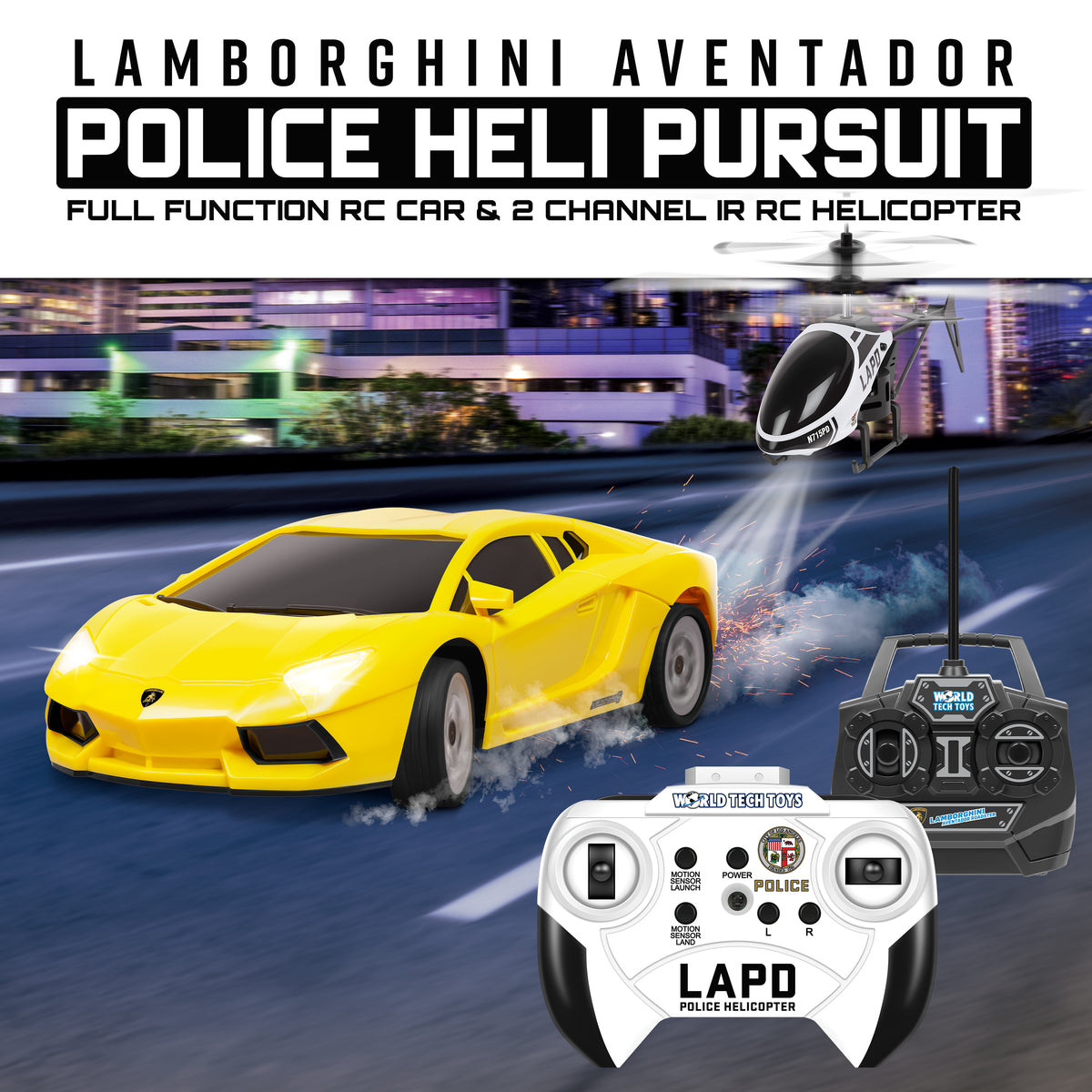 2 Pack - RC Lamborghini Aventador Police and LAPD RC Heli Pursuit RC Set