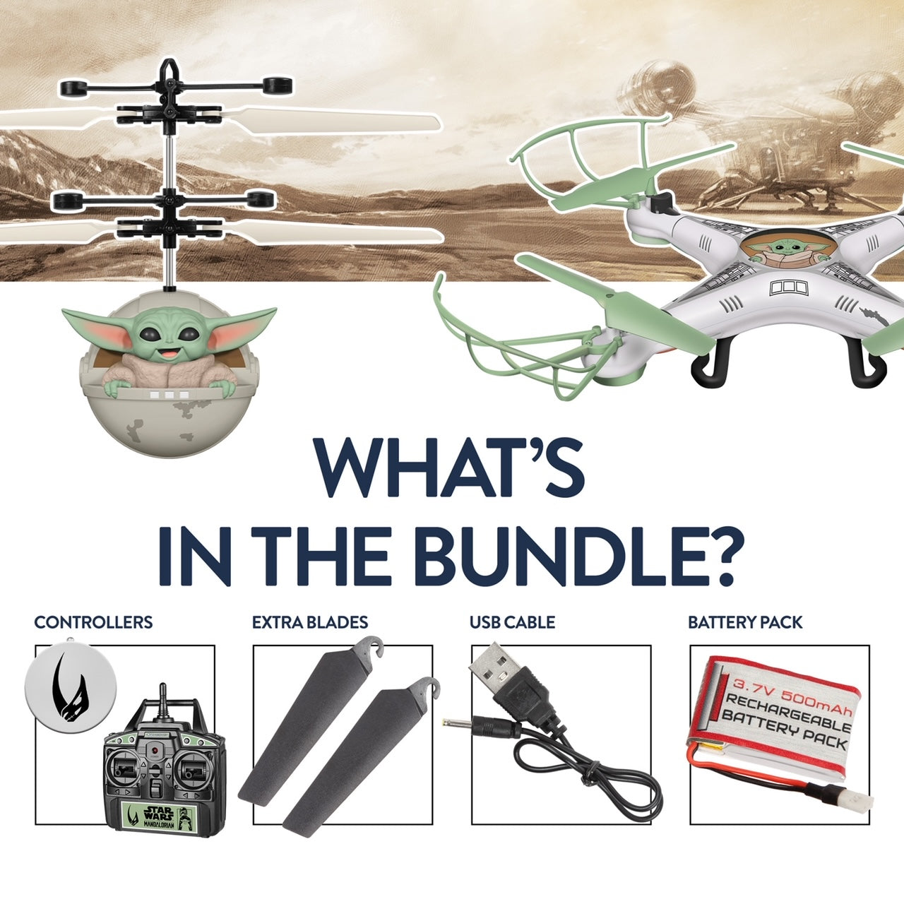 Baby Yoda RC Quadcopter and Baby Yoda Big Head Flying Toy Bundle