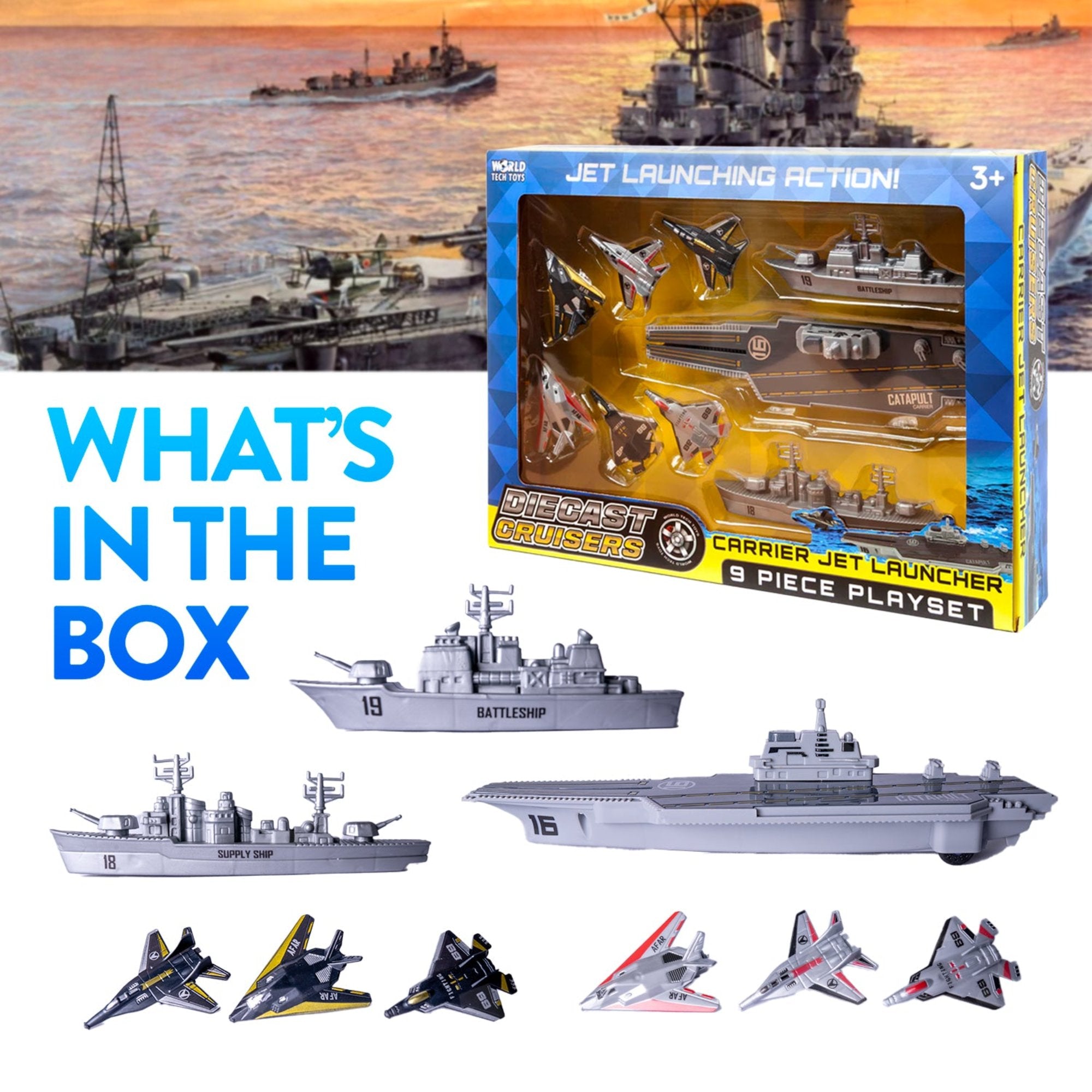 Diecast Cruisers Carrier Jet Launcher 9 Piece Playset – HOBBYTRON