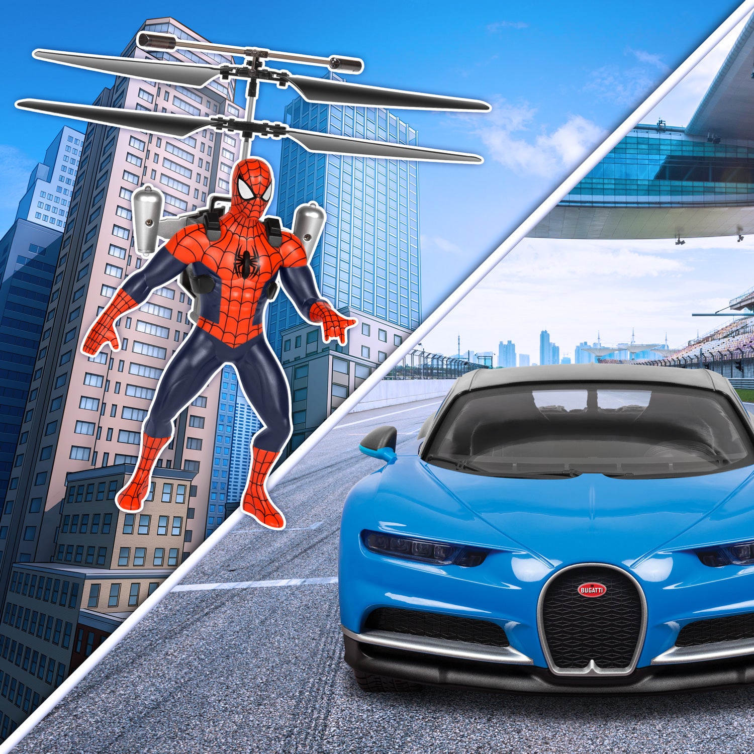 SpiderMan Flying Figure & Bugatti Chiron Remote Control Car Bundle