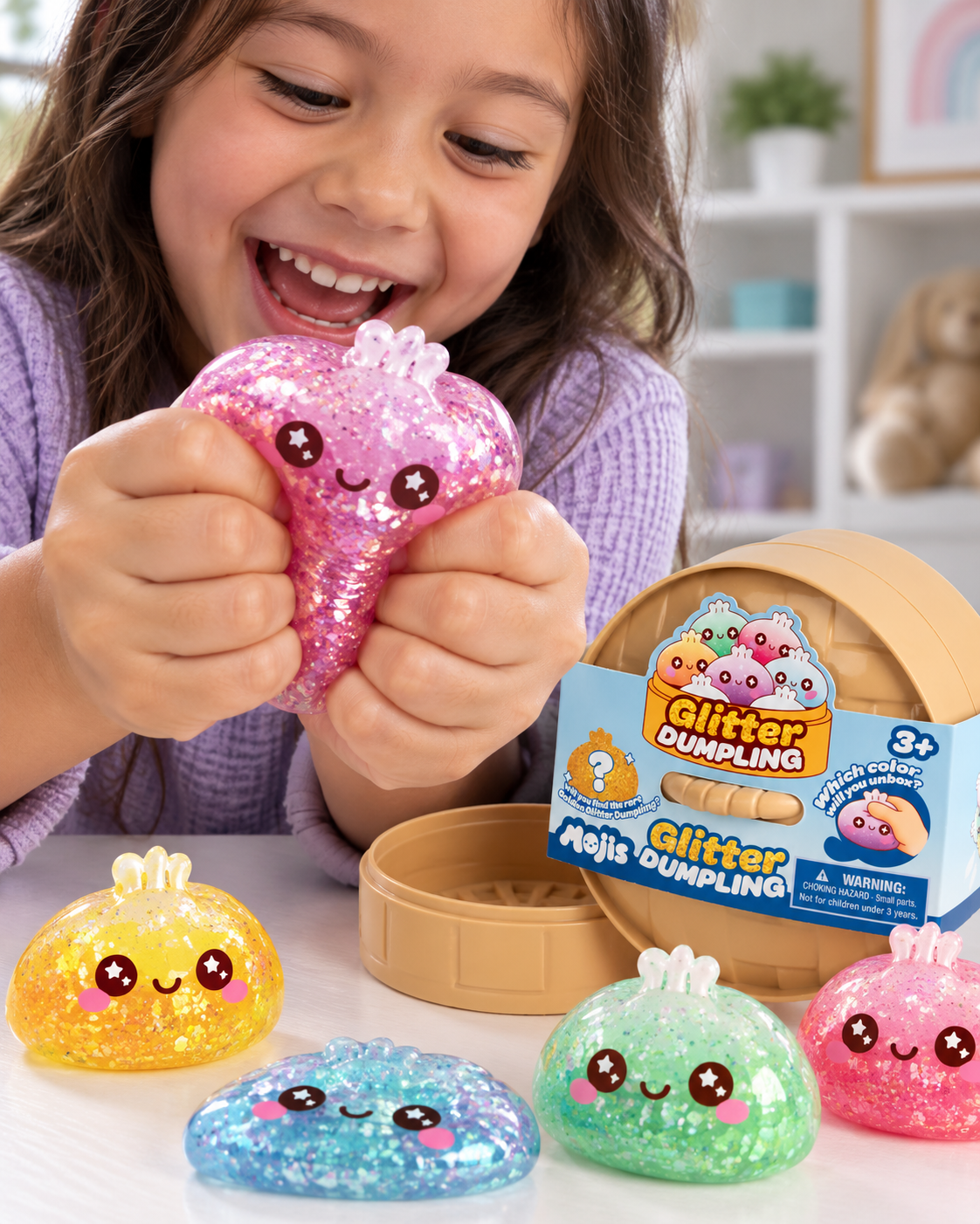 A child squeezing a pink Mojis dumpling with both hands.